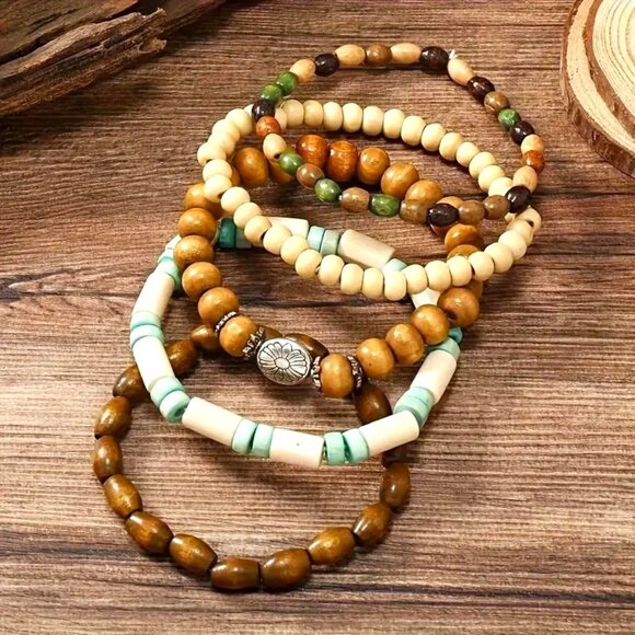 Wood Bead Bracelet Cuff 5pc Surfer Stackable Stretchy wooden Boho Trendy Stylish - Picture 2 of 3